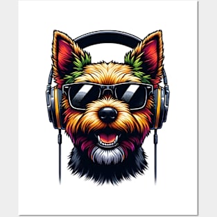 Norwich Terrier as Smiling DJ with Headphones and Sunglasses Posters and Art